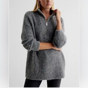 Express | Fuzzy Knit Quarter Zip Tunic Oversized Sweater XS. Watch VIDEO